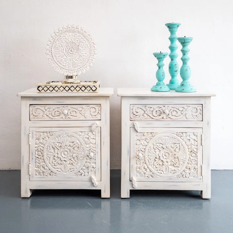 Jose_Hand Carved Bed Side Table 1 Door and 1 Drawer