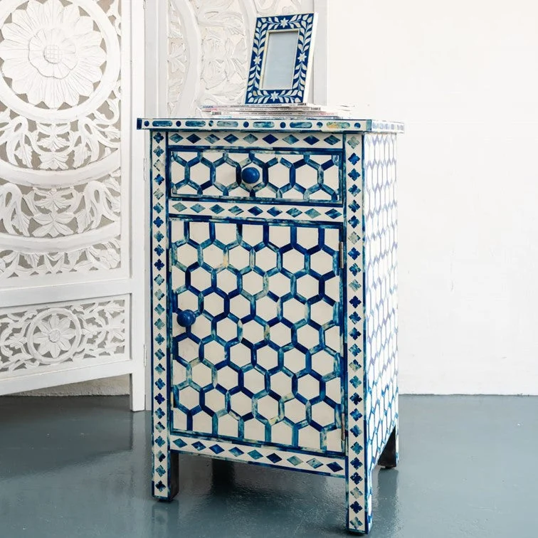 Kim_Bone Inlay Bedside Table with 1 shelf & 1 drawer