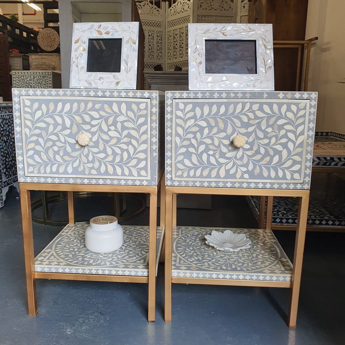 Dorothy Bone Inlay Bed Side Table with Metal Stand