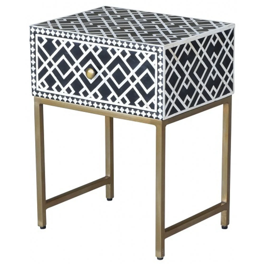 Dylan Bone Inlay Bed Side Table with Metal Stand