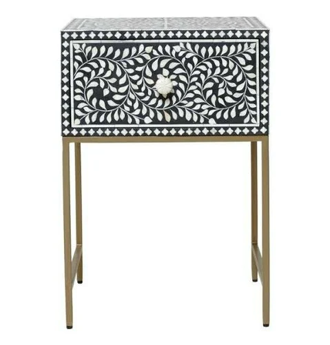 Jessi Bone Inlay Bed Side Table with Metal Stand