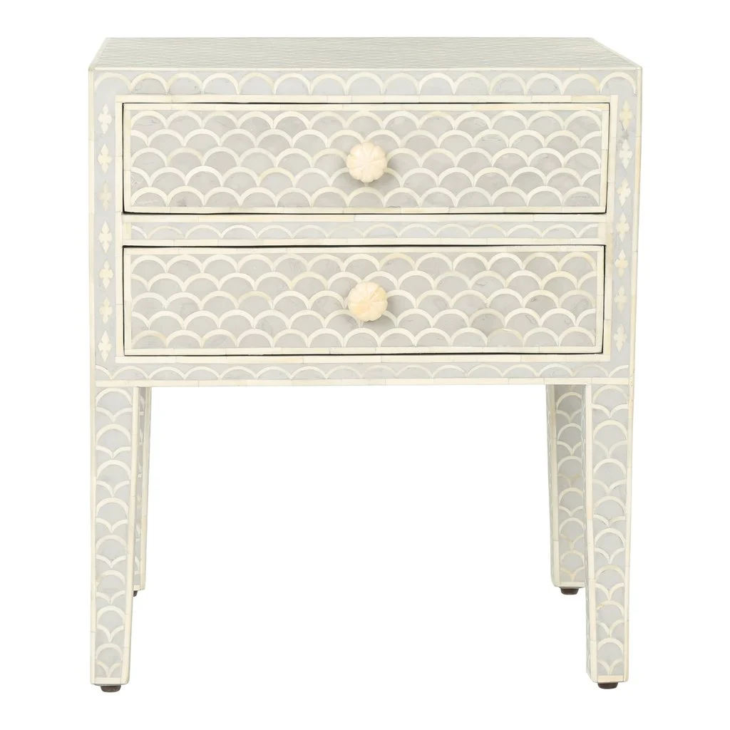 Rose Bone Inlay Bed Side Table with 2 Draweres