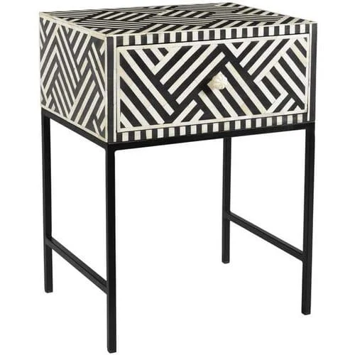 Willie Bone Inlay Bed Side Table with Metal Stand