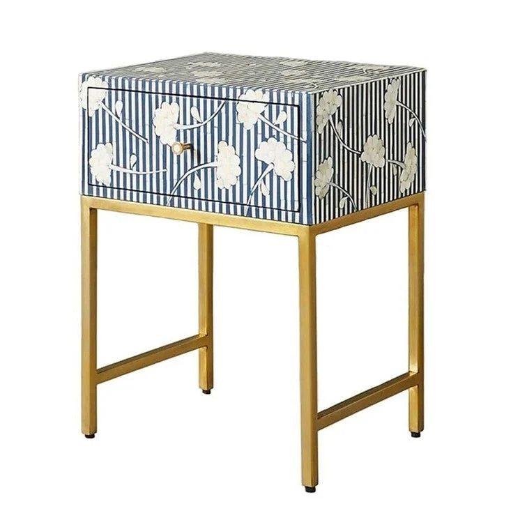 Jessi Bone Inlay Bed Side Table with Gold Metal Stand