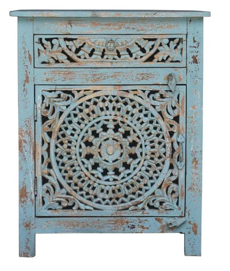Jeffrey_Solid Indian Wood Hand Carved Bed Side Table
