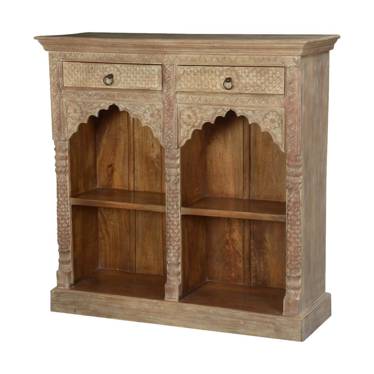 Mia_Rustic Solid Wood Arched Bookcase with 4 Open Shelf and 2 Drawers
