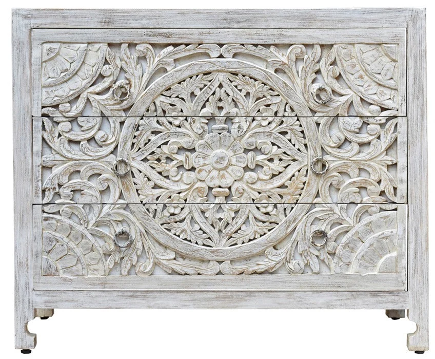 Allan_Hand Carved Solid Wood Chest of Drawer_ 107 cm Length