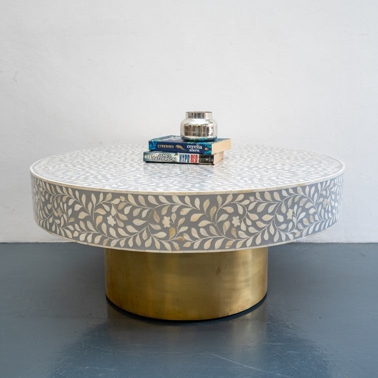 Sherri_Round Bone Inlay Coffee Table with brass Base_100 Dia cm