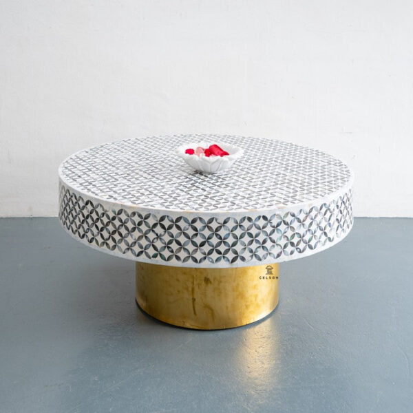 Dali_Round Mother of Pearl Coffee Table with brass Base_100 Dia cm
– Celson PTE Ltd