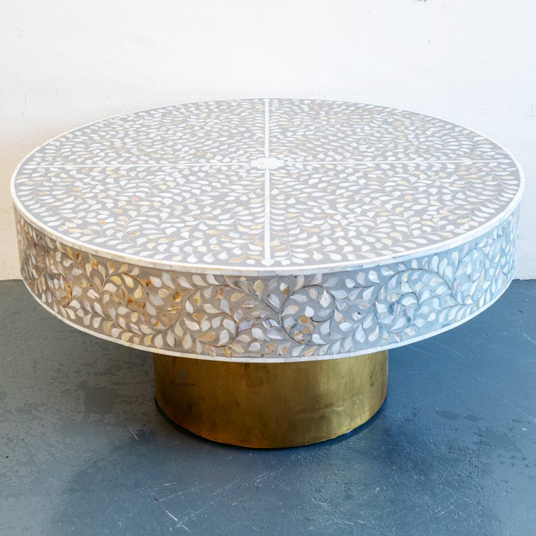 Eriea_Round Mother of Pearl Coffee Table with brass Base_90 Dia cm