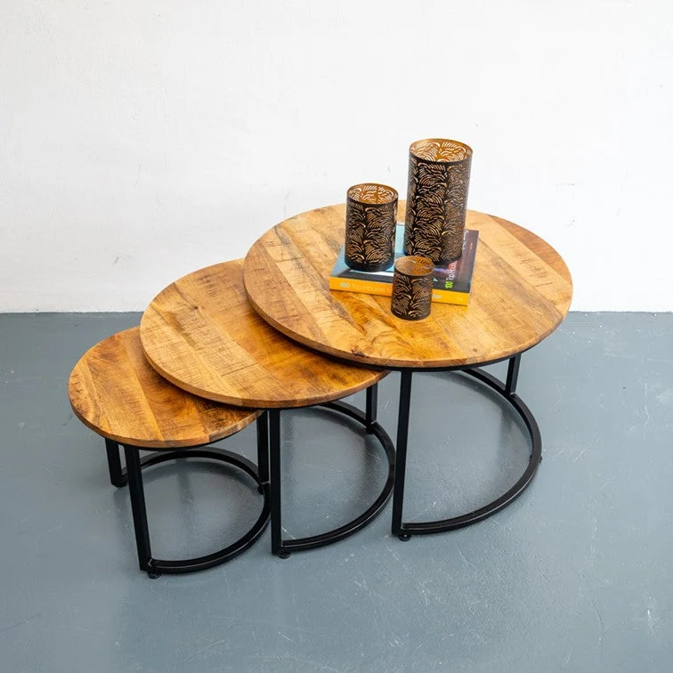Darko_ Solid Indian Wood Stackable Coffee Table Set of 3_70 Dia cm