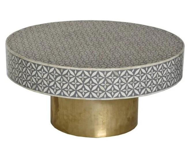 Shan_Round Bone Inlay Table with brass Base_100 Dia cm