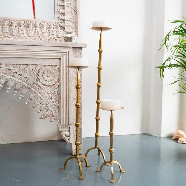 Risha Antique Brass Finish Metal Candle Stand Set of 3