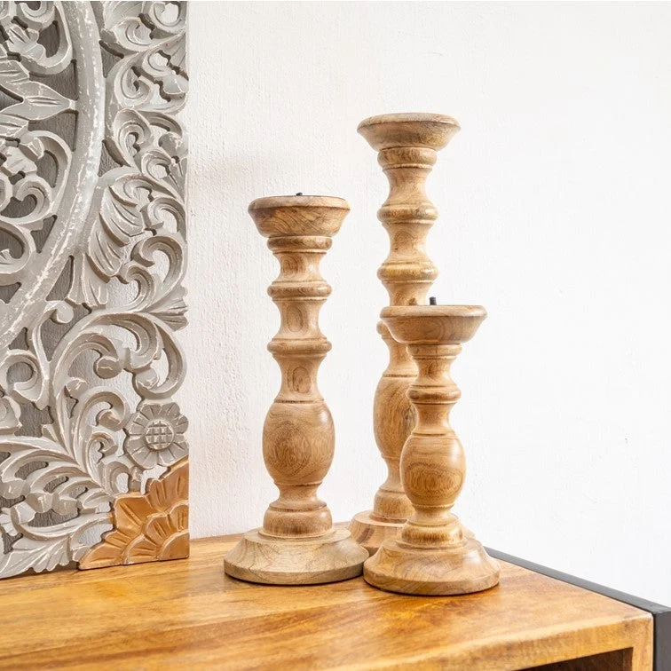 Jenna Hand Carved Wooden Candle Holder Set of 3