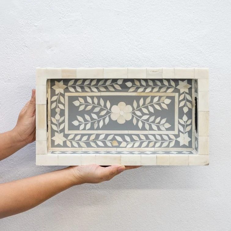 Wlera Grey_Bone Inlay Tray_Floral Bone Tray_20 x 36 cm