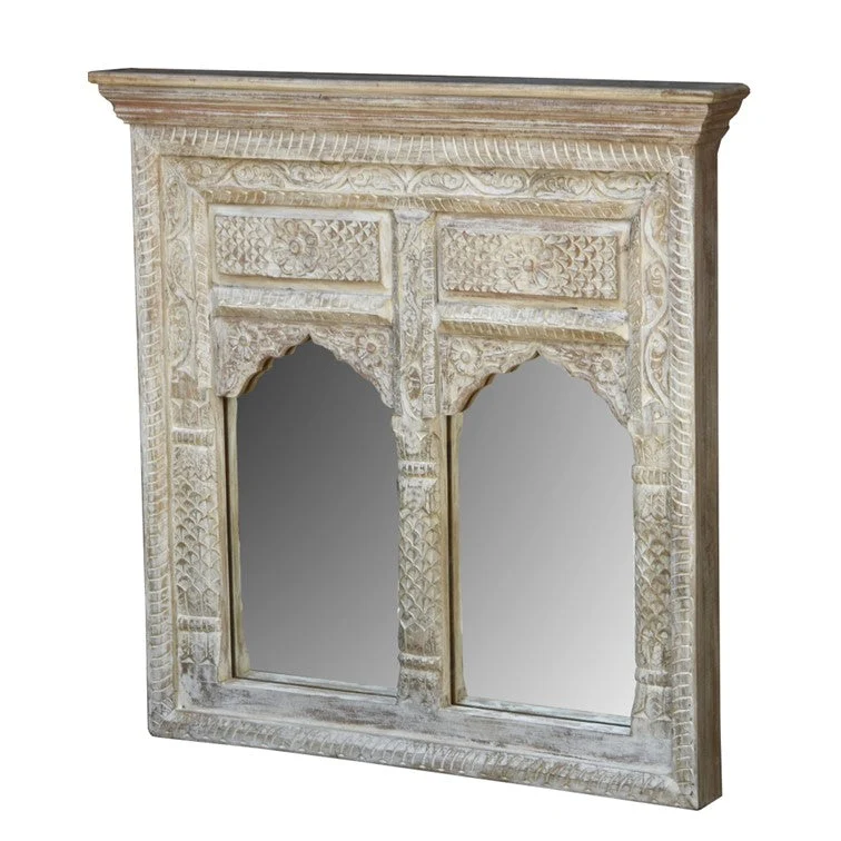 Amanda Solid Indian Wood Hand Carved 2 Arch Mirror