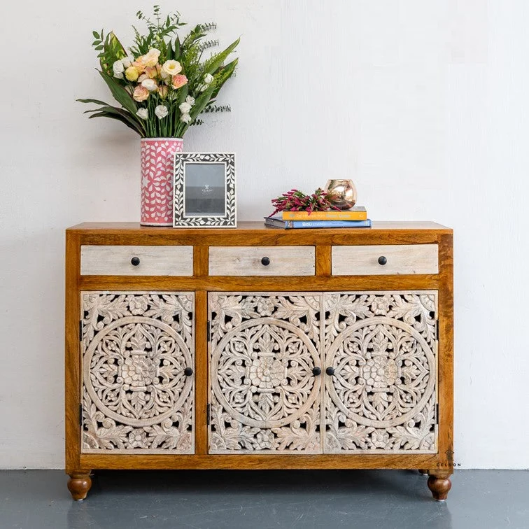 Polar_Hand Carved Solid Indian Wood Shoe Cabinet