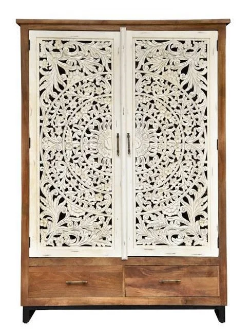 Paul_Solid Indian Wood Hand Carved Cupboard with 2 Drawer and 2 Door