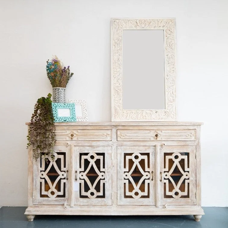 Linda Hand Carved Indian Wood Sideboard with Glass on Door_Buffet