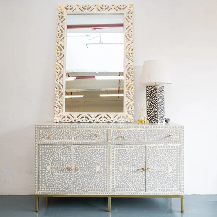 Elayn _Bone Inlay Chest with 2 Drawer 4 Door in Grey