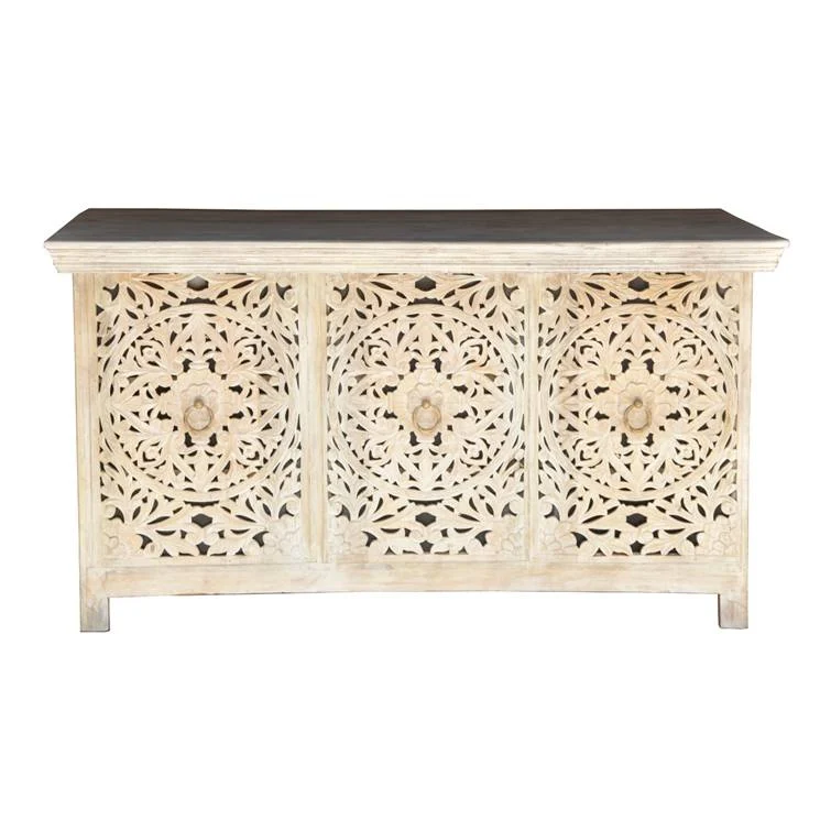 James Hand Carved Indian Wood Sideboard_3 Door Buffet