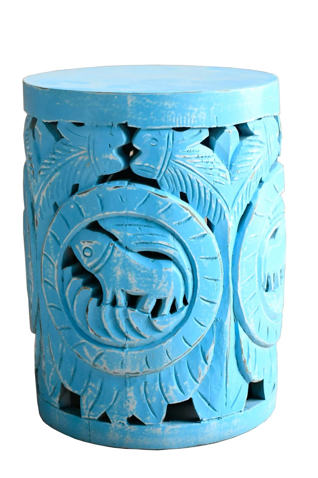 Palmer Blue Hand Carved Solid Wooden Stool_Side Table– Celson PTE Ltd
