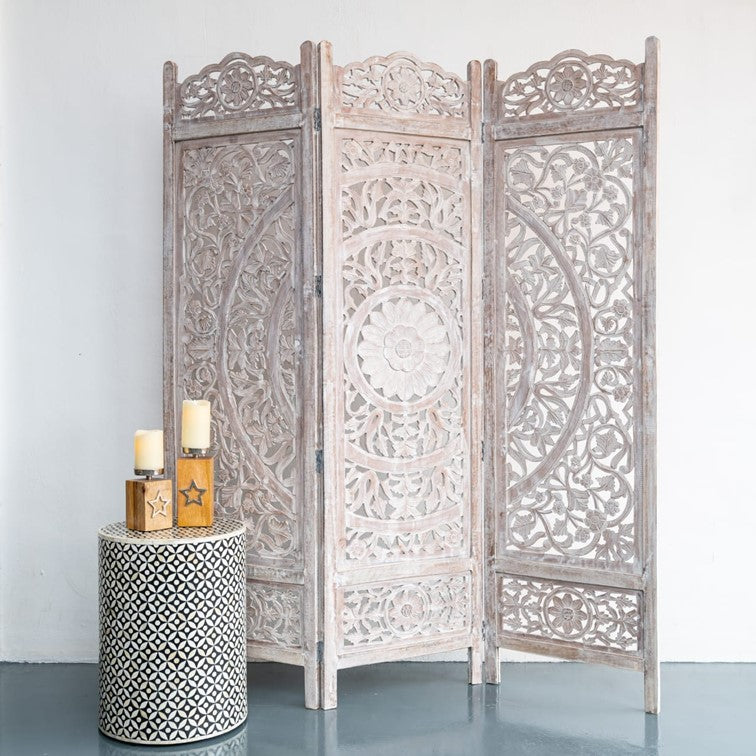 Yaffe_Wooden Carved Screen 3 Panel_Room Divider_Distressed Finish– Celson PTE Ltd