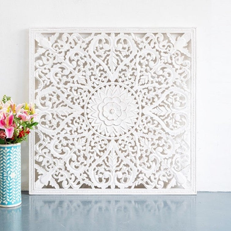 Fink_Wooden Carved Square Wall Panel_White Washed