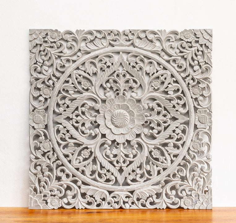 Alice_Wooden Carved Square Wall Panel_90 x 90 cm_Grey Finish