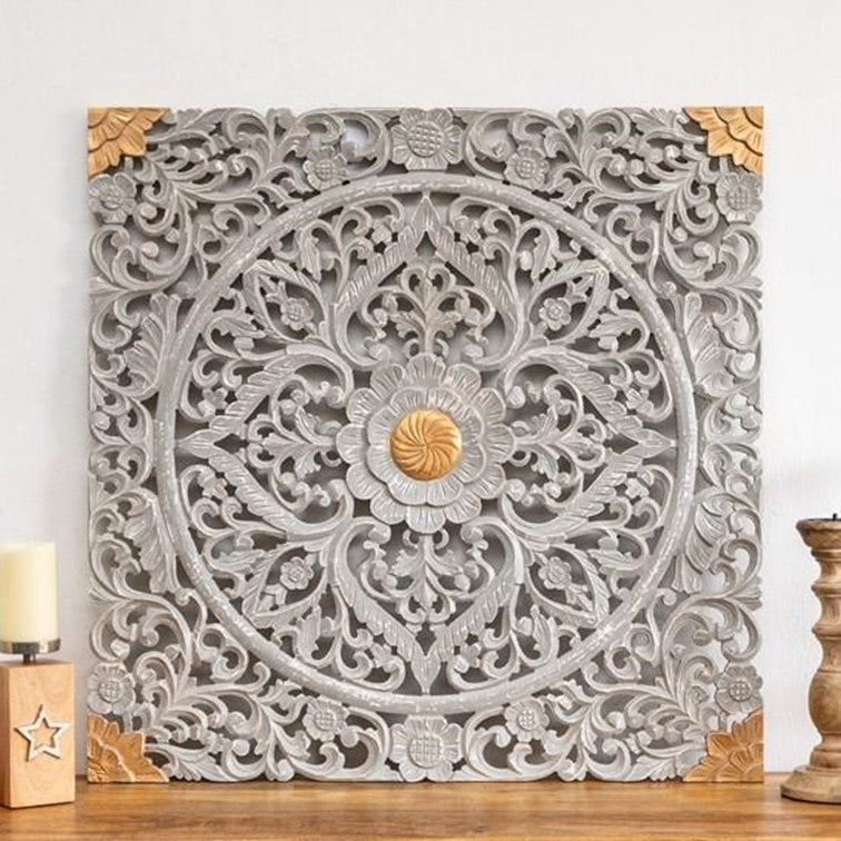 Emily_Square Carved Wooden Wall Panel in Grey_Wall Decor