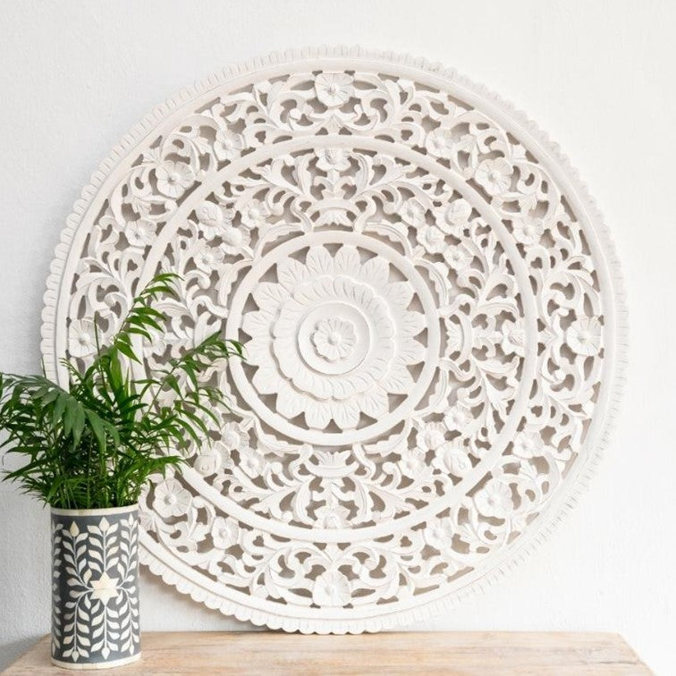 Dana_Wooden Hand Carved Mandala_ Round Wall Panel_92cm dia_White Washe