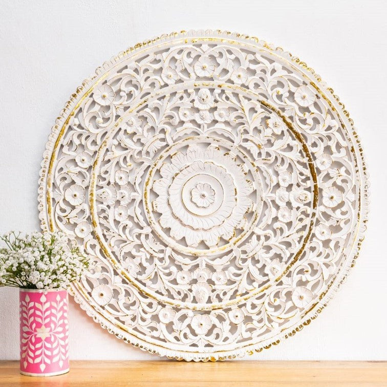 Eddie_Wooden Hand Carved Mandala_ Wall Panel_92cm dia_White with Gold