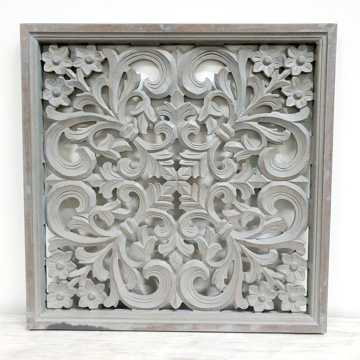 Anna_Square Carved Wooden Wall Panel in Grey_Wall Decor