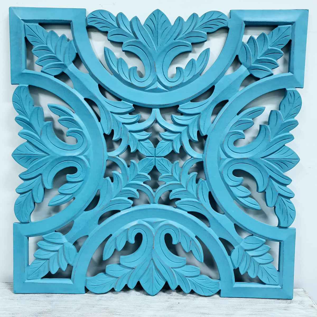 Penny_Square Carved Wooden Wall Panel in Blue_Wall Decor