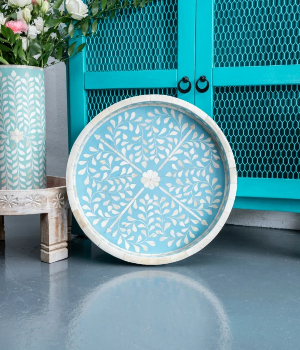 Colin_Bone Inlay Floral Round Tray in Light blue_Dia 46cm
– Celson PTE Ltd