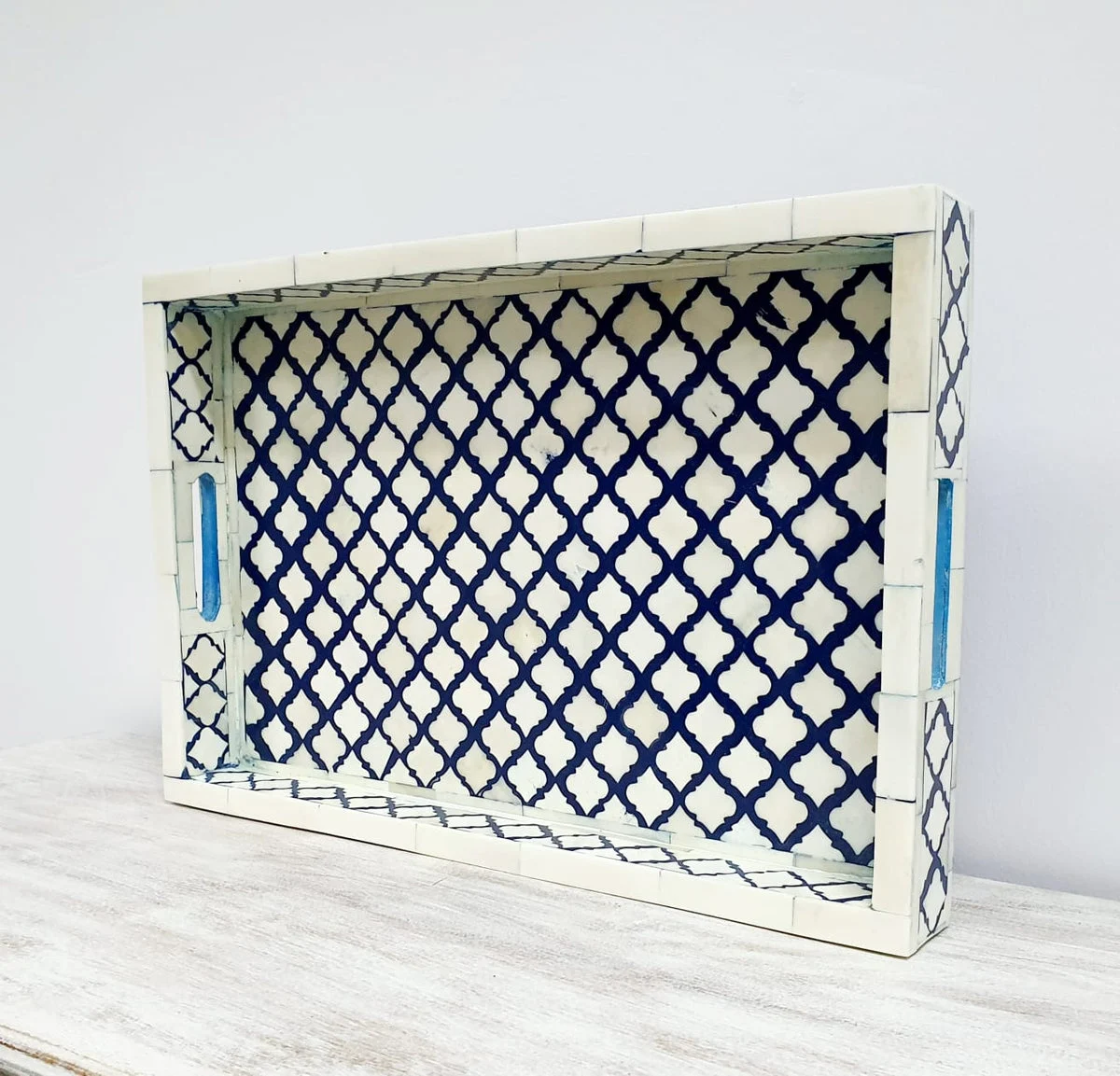 Mira_Bone Inlay Moroccan Pattern Tray in Blue_ 45 x 30 cm
– Celson PTE Ltd